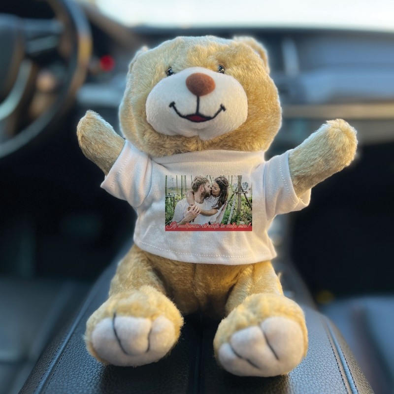 Urs Fred personalizat cu o poza si textul "Iti multumesc ca existi in viata mea!", inaltime de 20 cm