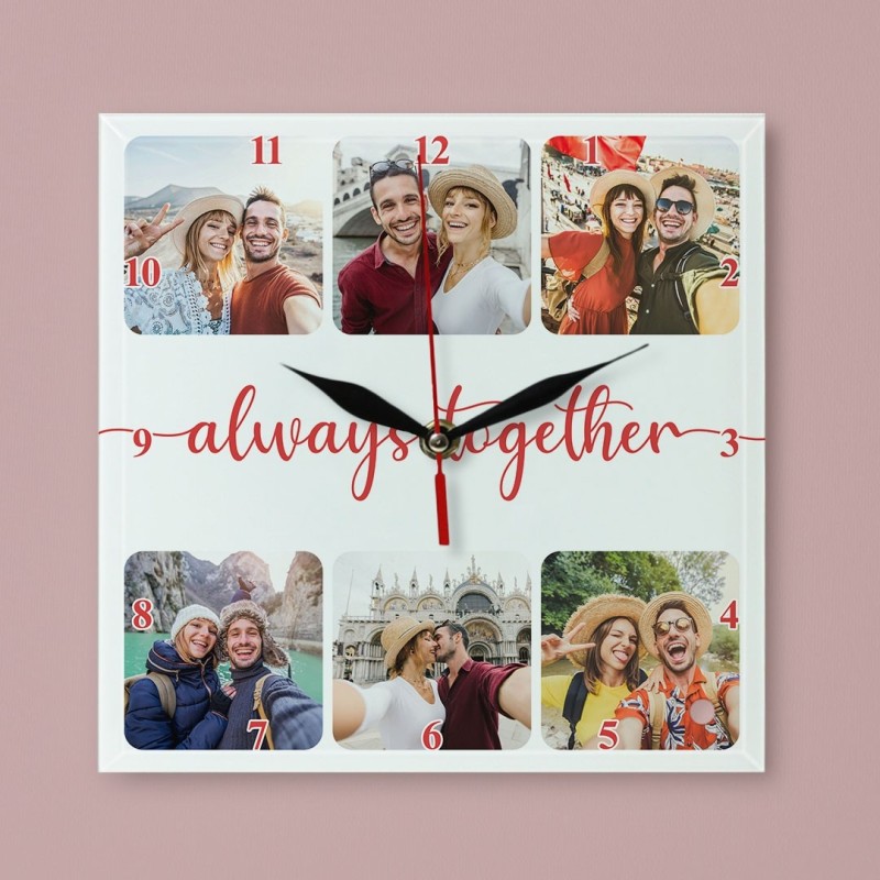Ceas de perete patrat personalizat "Always together" si 6 poze