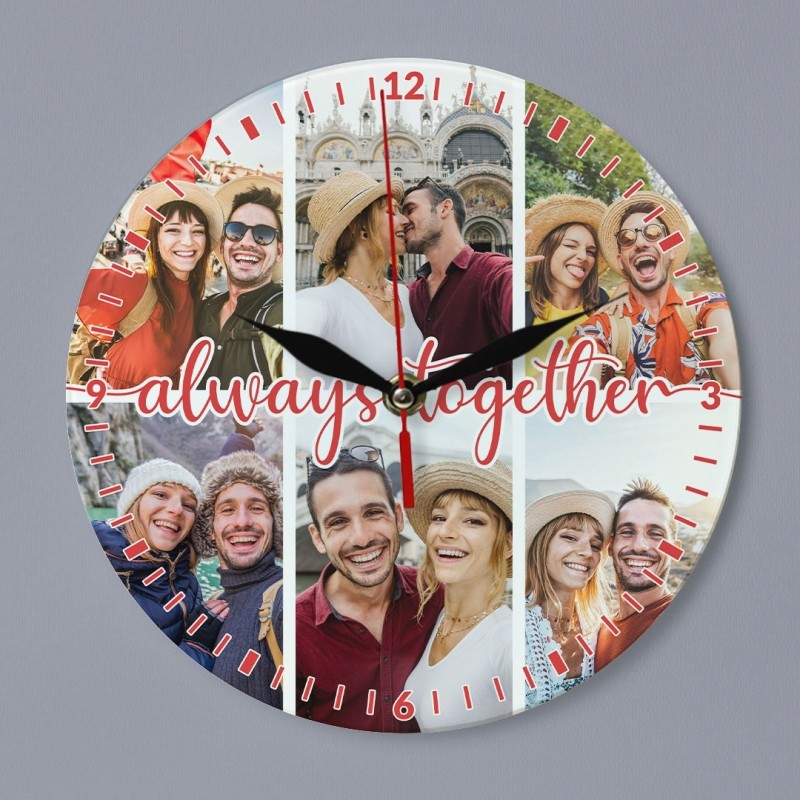 Ceas de perete rotund personalizat "Always together" si 6 poze