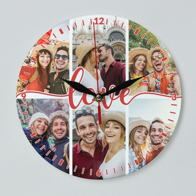 Ceas de perete rotund personalizat "Love" si 6 poze