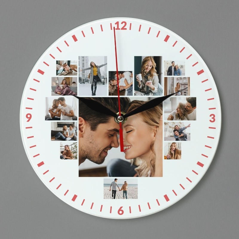 Ceas de perete rotund personalizat cu 15 poze in forma de inima