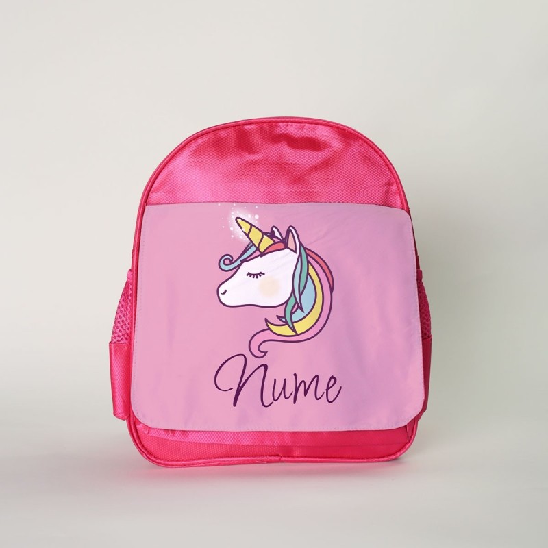 Ghiozdan personalizat pentru fete cu unicorn si nume, Roz